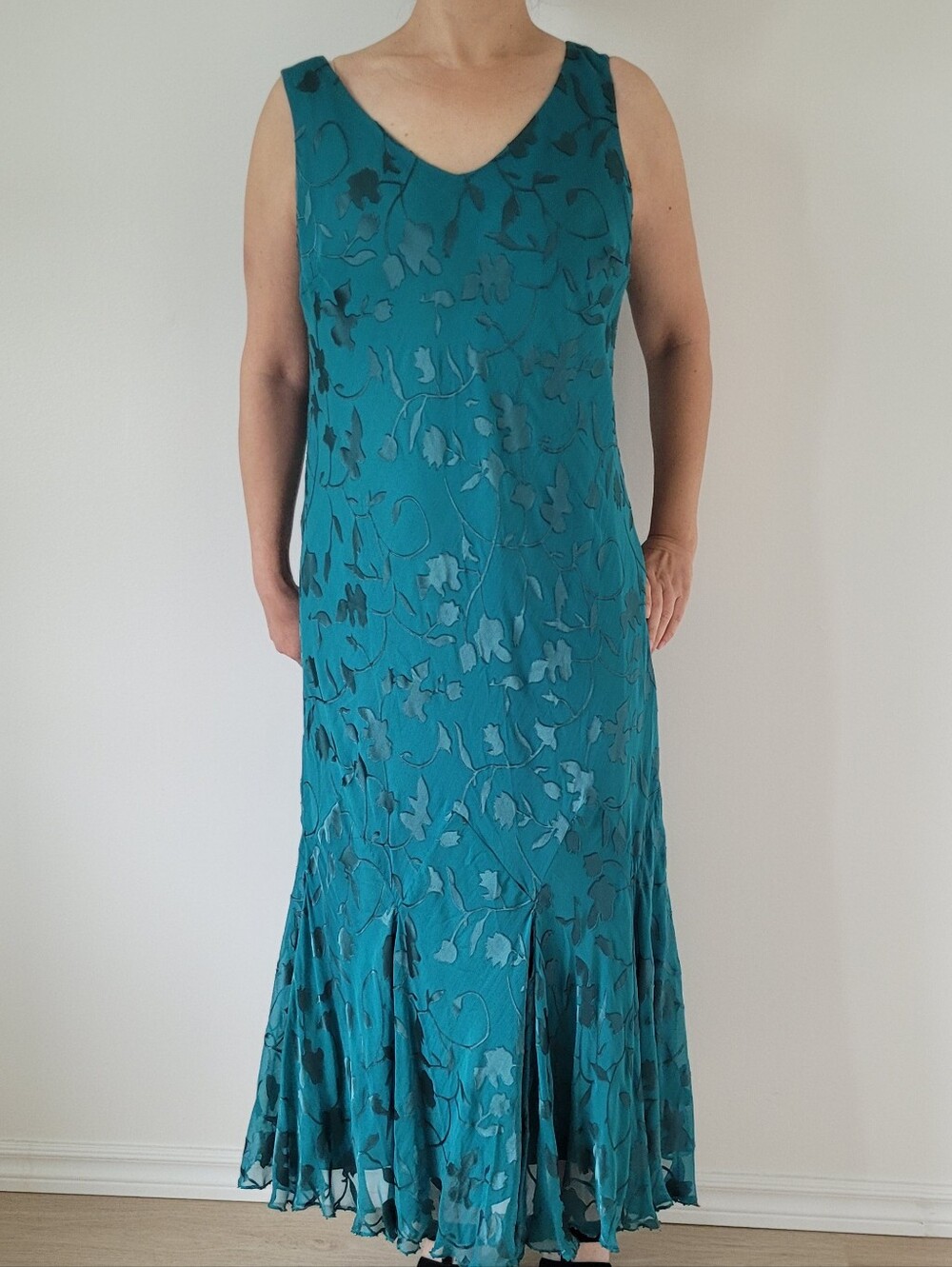 Mon Cheri Capri 100% Silk Devoré Mermaid Maxi Dress Teal Blue Green 16W